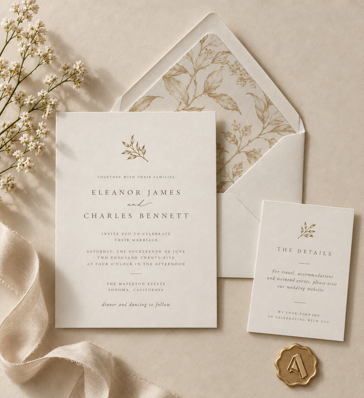 Letterpress wedding invitation suite with gold foil botanical detail, lined envelope, details card and Artistry gold wax seal