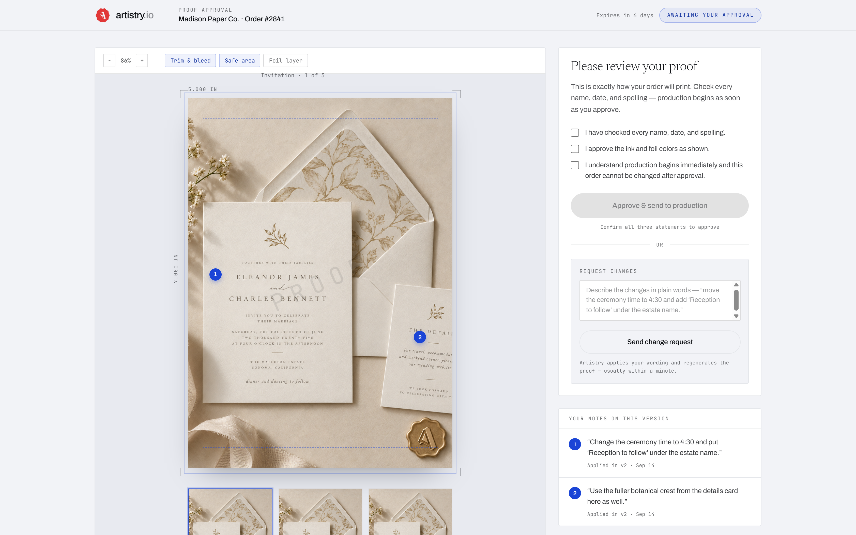 Artistry proof approval screen: the proof viewer with trim, bleed and safe-area overlays beside the customer approval checklist and change-request panel